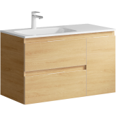 Подвесная тумба Aqwella Accent с двумя ящиками и одной дверью в цвете дуб золотой с умывальником из литьевого мрамора (чаша слева) (ACC0109LDZ)