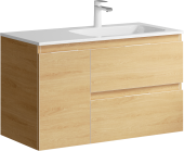 Подвесная тумба Aqwella Accent с двумя ящиками и одной дверью в цвете дуб золотой с умывальником из литьевого мрамора (чаша справа) (ACC0109RDZ)