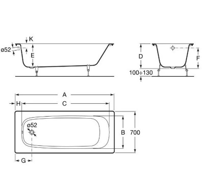 Чугунная ванна Roca Continental 170х70 без противоскользящего покрытия (21290100R)