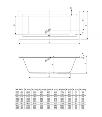 Акриловая ванна CEZARES, 170x70x45 (PLANE-170-70-45-W37)