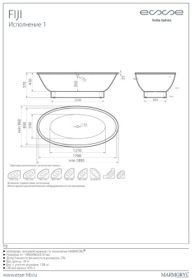 ESSE Ванна FIJI, 1890х960х570 мм, 78 кг, 311 л. (EFIJ1890) ESSE Ванна FIJI, 1890х960х570 мм, 78 кг, 311 л. (EFIJ1890)