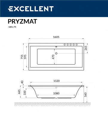 Ванна акриловая EXCELLENT Pryzmat 160x75 (WAEX.PRY16WH)