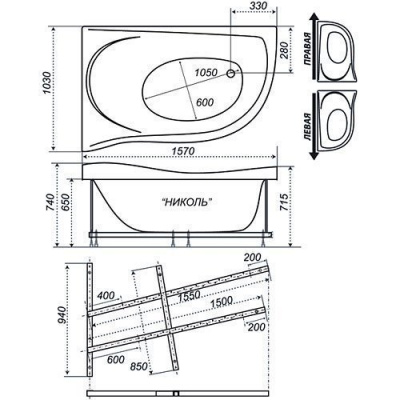 Ванна акриловая Тритон - Николь левая 157x103
