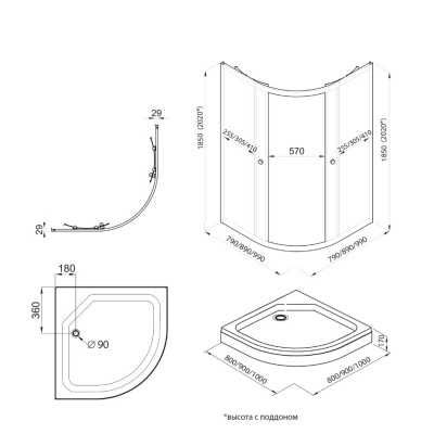 Душевая ширма Тритон Альфа-Хром 100х100, 1/4 круга (1 место) (Щ0000052960)