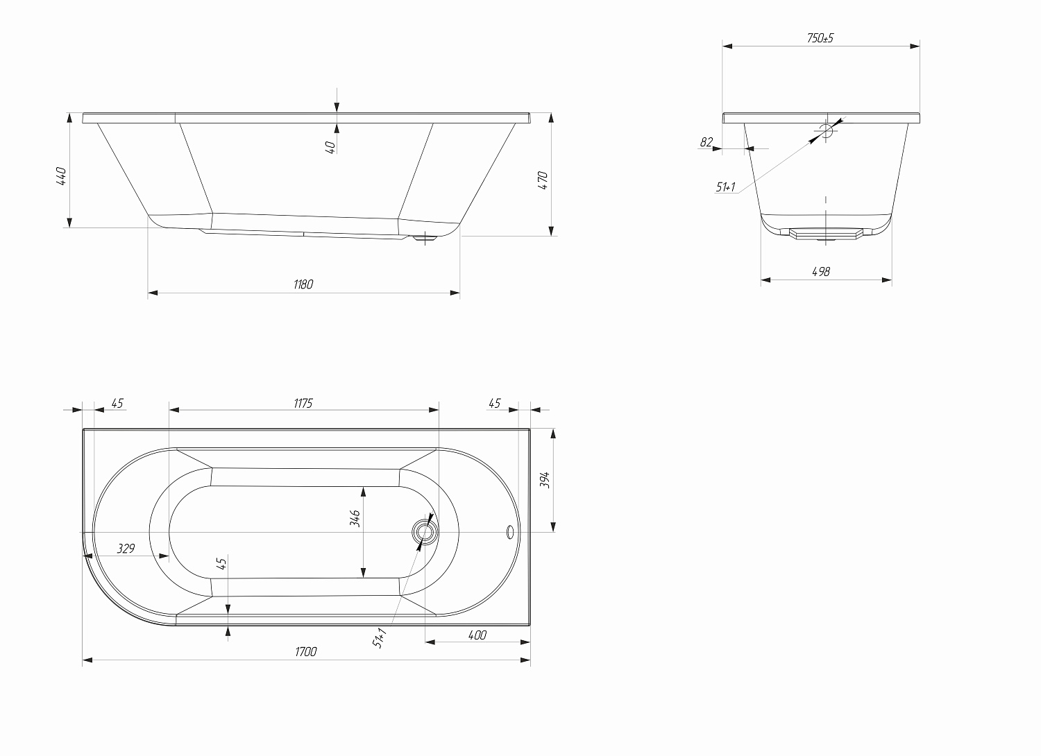 Ванна акриловая 1Marka «ALISA MG» 170*75 R (01али1775п)