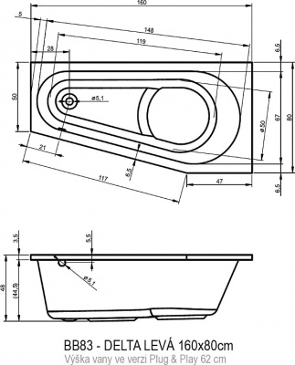 Ванна акриловая RIHO DELTA 160 LEFT - PLUG & PLAY (BD4300500000000)
