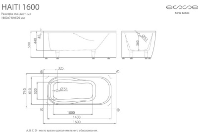 ESSE Ванна HAITI 1600, 1600x740x590 мм, 60 кг., 172 л. (EHAI1600)