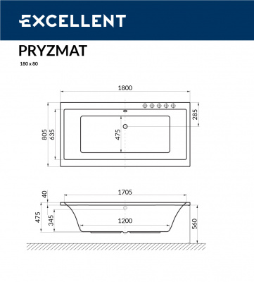 Ванна акриловая EXCELLENT Pryzmat Slim 180x80 (WAEX.PRY18WHS)