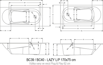 Ванна акриловая RIHO Lazy 170x75 LEFT - PLUG & PLAY (BD8000500000000)