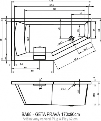 Ванна акриловая RIHO GETA 170 RIGHT - PLUG & PLAY (BD4800500000000)