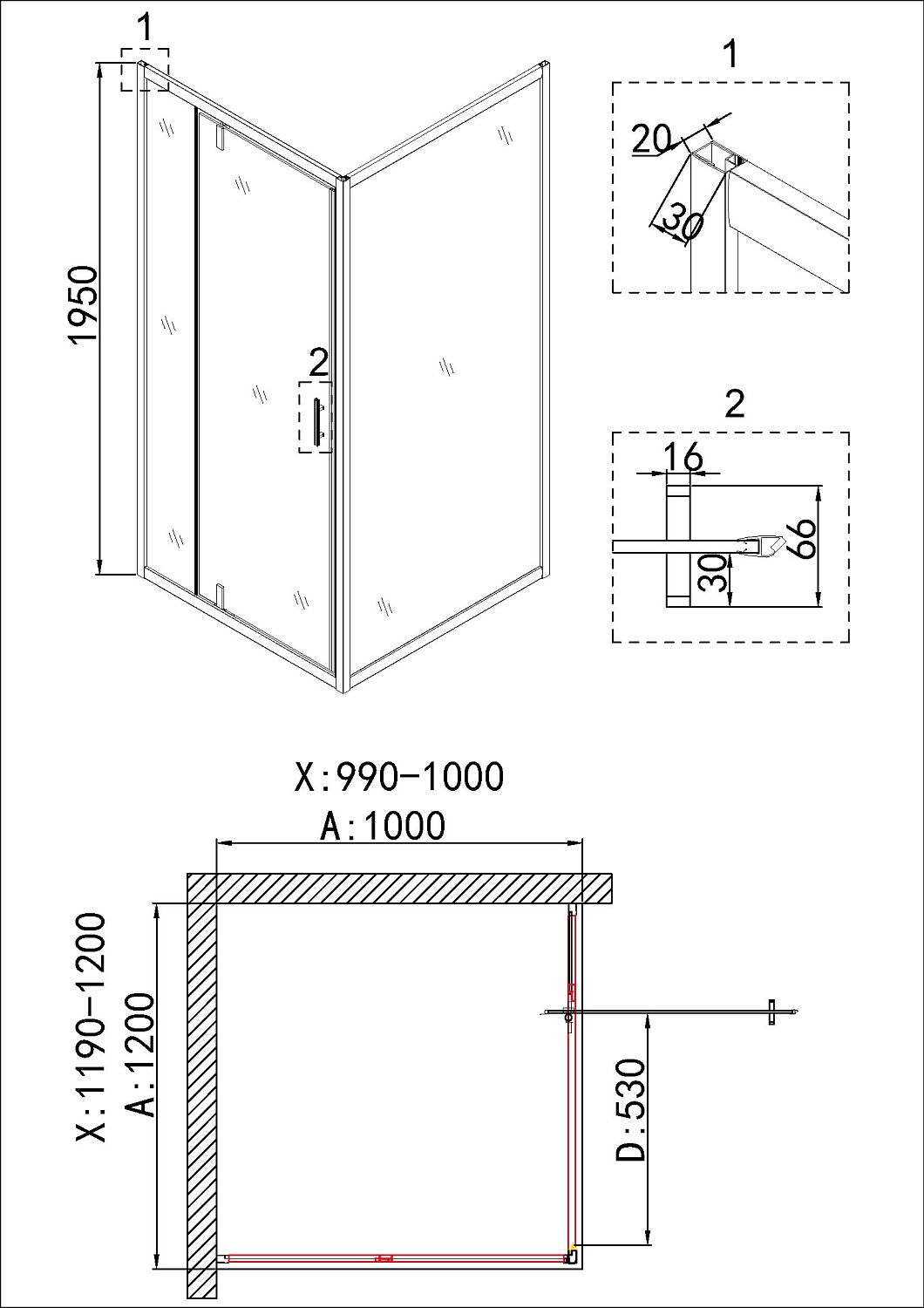 Душ.ограждение NG-43-12AG-A100G (120*100*195) прямоугольник, дверь распашная, 2 места (NG-43-12AG-A100G)