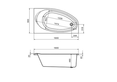 Ванна Roca Corfu 160x90 асимметричная правая белая (248574000)
