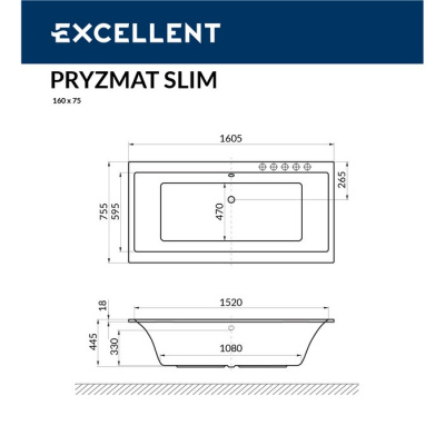 Ванна EXCELLENT Pryzmat Slim 160x75 (WAEX.PRY16WHS)