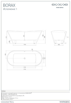 ESSE Ванна BORAX, 1790x790x650 мм, 172 кг., 323 л. (EBOR1790)