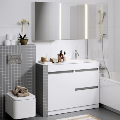 Напольная тумба Aqwella Forma с бельевой корзиной справа и двумя отсеками для хранения хозяйственных принадлежностей c умывальником Forma 115 (FOR0105KR) Напольная тумба Aqwella Forma с бельевой корзиной справа и двумя отсеками для хранения хозяйственных принадлежностей c умывальником Forma 115 (FOR0105KR)