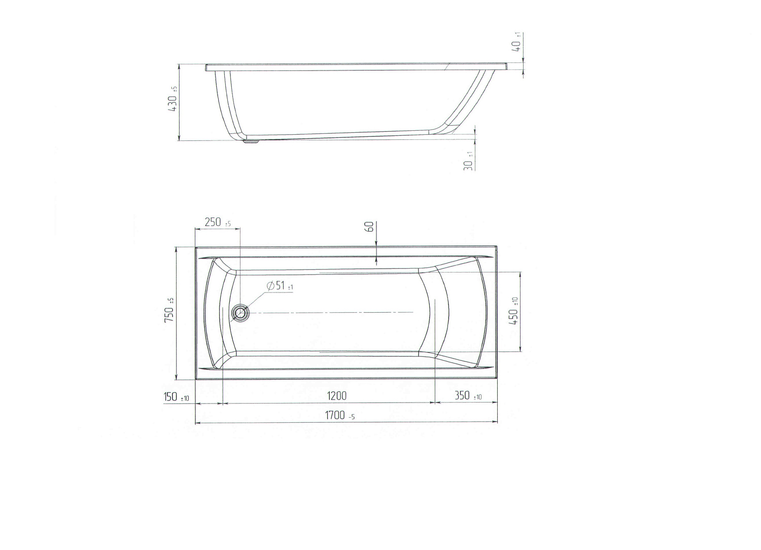 Ванна акриловая 1Marka "MODERN" 170*75 (01мод1775)