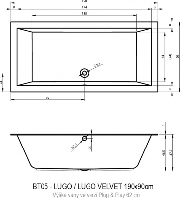 Ванна акриловая RIHO LUGO 190x90 RIGHT - PLUG & PLAY (BD6900500000000)