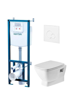 Комплект инсталляции с белой кнопкой Santek ПЭК и подвесным унитазом с крышкой с микролифтом Нео rimless (1.WH50.1.758)