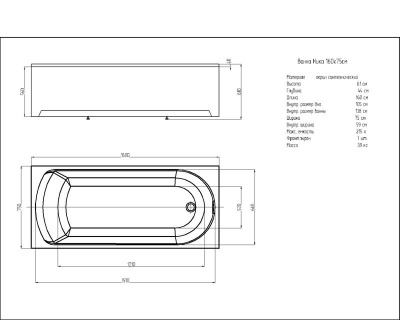 Ванна Ника прямоугольная 160*75см (NIK160-0000001)