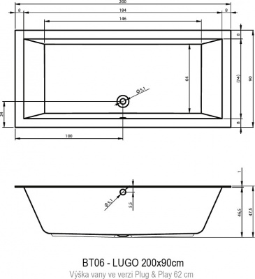 Ванна акриловая RIHO LUGO 200x90 LEFT - PLUG & PLAY (BD7200500000000)