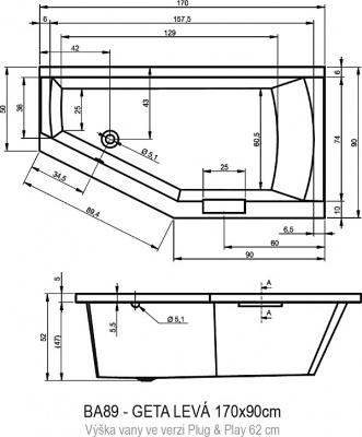 Ванна акриловая RIHO GETA 170 LEFT - PLUG & PLAY (BD4900500000000)