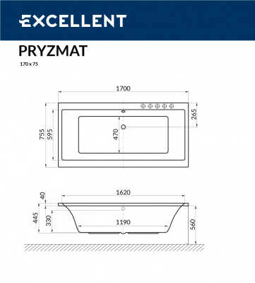 Ванна акриловая EXCELLENT Pryzmat 170x75 (WAEX.PRY17WH)