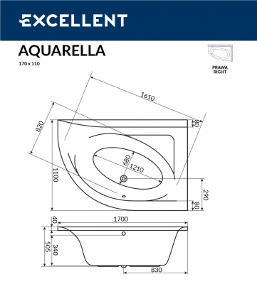 Ванна акриловая EXCELLENT Aquarella 170x110 правая (WAEX.ARP17WH)