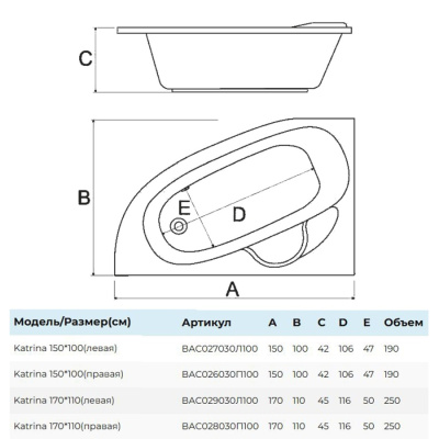 Ванна асимметричная левая 150х100 белая ALBA SPA KATRINA (ВАС027030Л100)