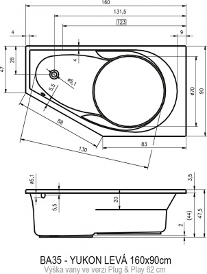 Ванна акриловая RIHO YUKON LEFT ** - PLUG & PLAY (BD7500500000000)