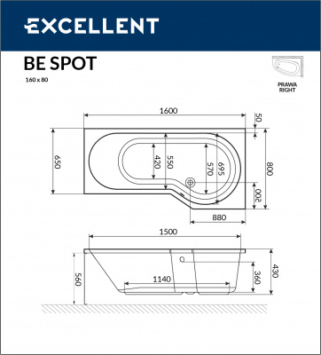 Ванна акриловая EXCELLENT BeSpot 160x80 правая (WAEX.BSP16WH)