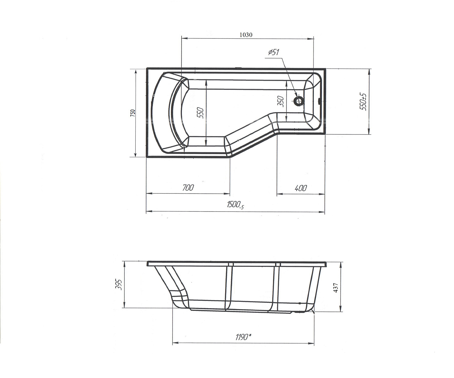 Ванна акриловая 1Marka "Convey" 150*75 R (01кон1575п)