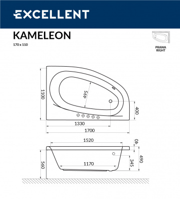 Ванна акриловая EXCELLENT Kameleon 170x110 правая (WAEX.KMP17WH)