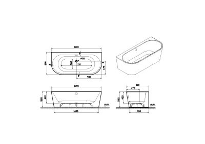 Ванна Vitra Geo 180х80 приставная+ножки+скрытый сифон (65420006000)