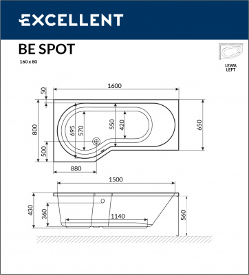 Ванна акриловая EXCELLENT BeSpot 160x80 левая (WAEX.BSL16WH)