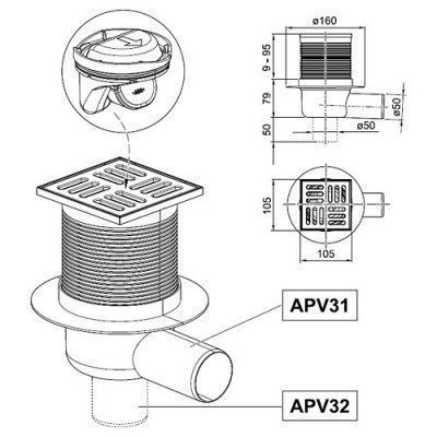 Сливной трап AlcaPlast - 105x105/50 (APV32) Сливной трап AlcaPlast - 105x105/50 (APV32)