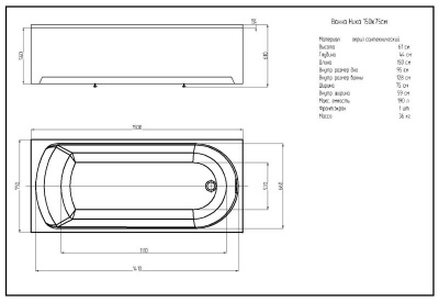 Ванна Ника прямоугольная 150*75см (NIK150-0000001)