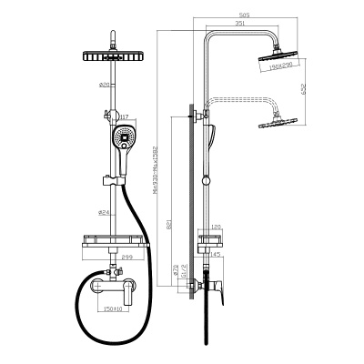 Смеситель Rossinka для ванны и душа с регулируемой высотой штанги, поворотным изливом и лейкой "Тропический дождь" (RS27-46)