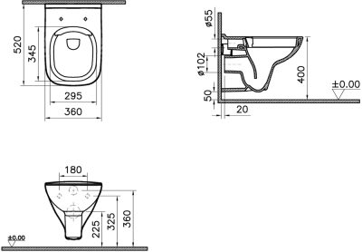 Безободковый унитаз VitrA S20 L-box с дюропластовой крышкой микролифт (9004B003-7207)